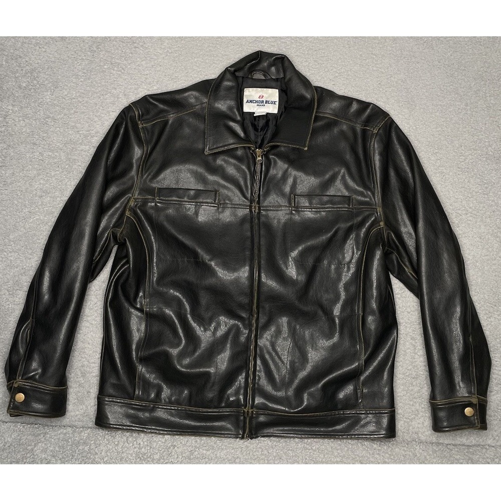Vintage Anchor Blue Faux Leather Jacket Mens Large Motorcycle Full Zip